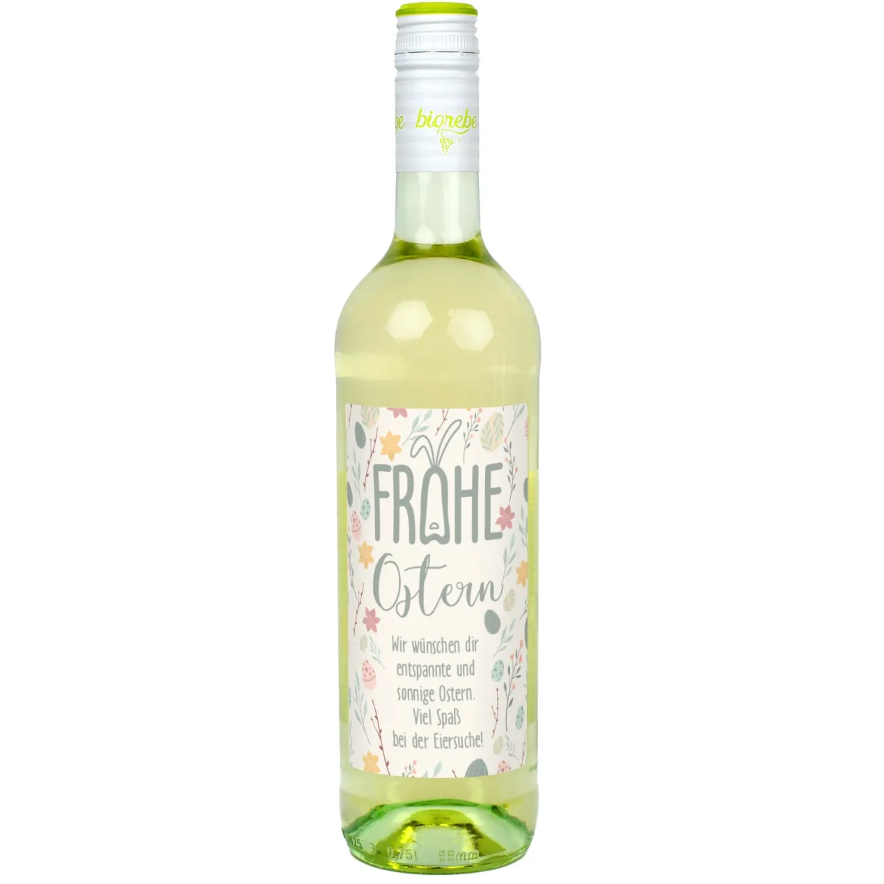 Biorebe Wein "Frohe Ostern" mit Wunschtext und pastellfarbenen Ostermotiven