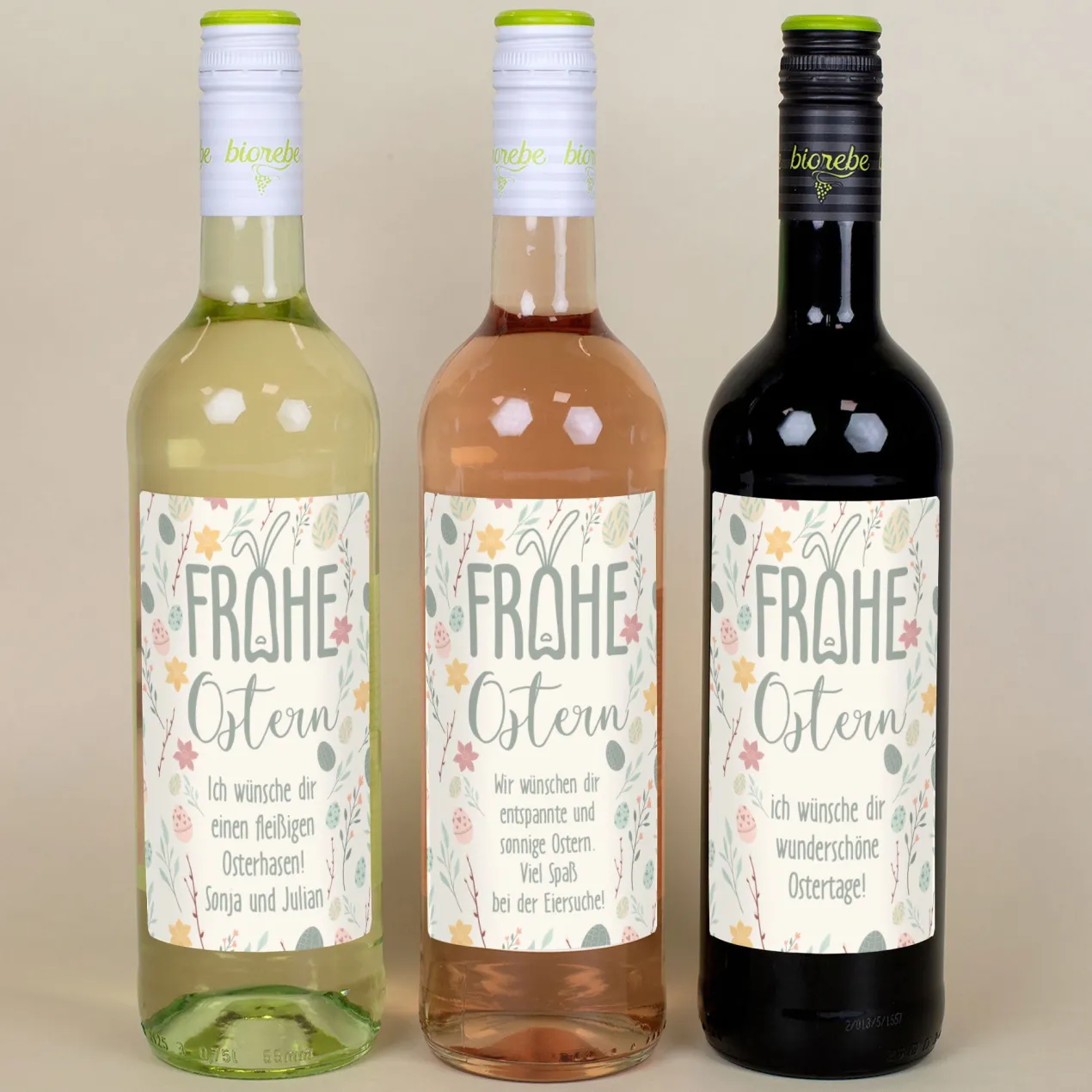 Biorebe Wein "Frohe Ostern" mit Wunschtext und pastellfarbenen Ostermotiven