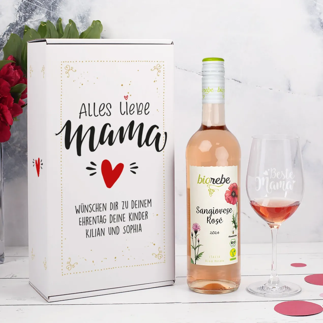 Biorebe Wein Geschenkset zum Muttertag mit Weinglas in Geschenkbox