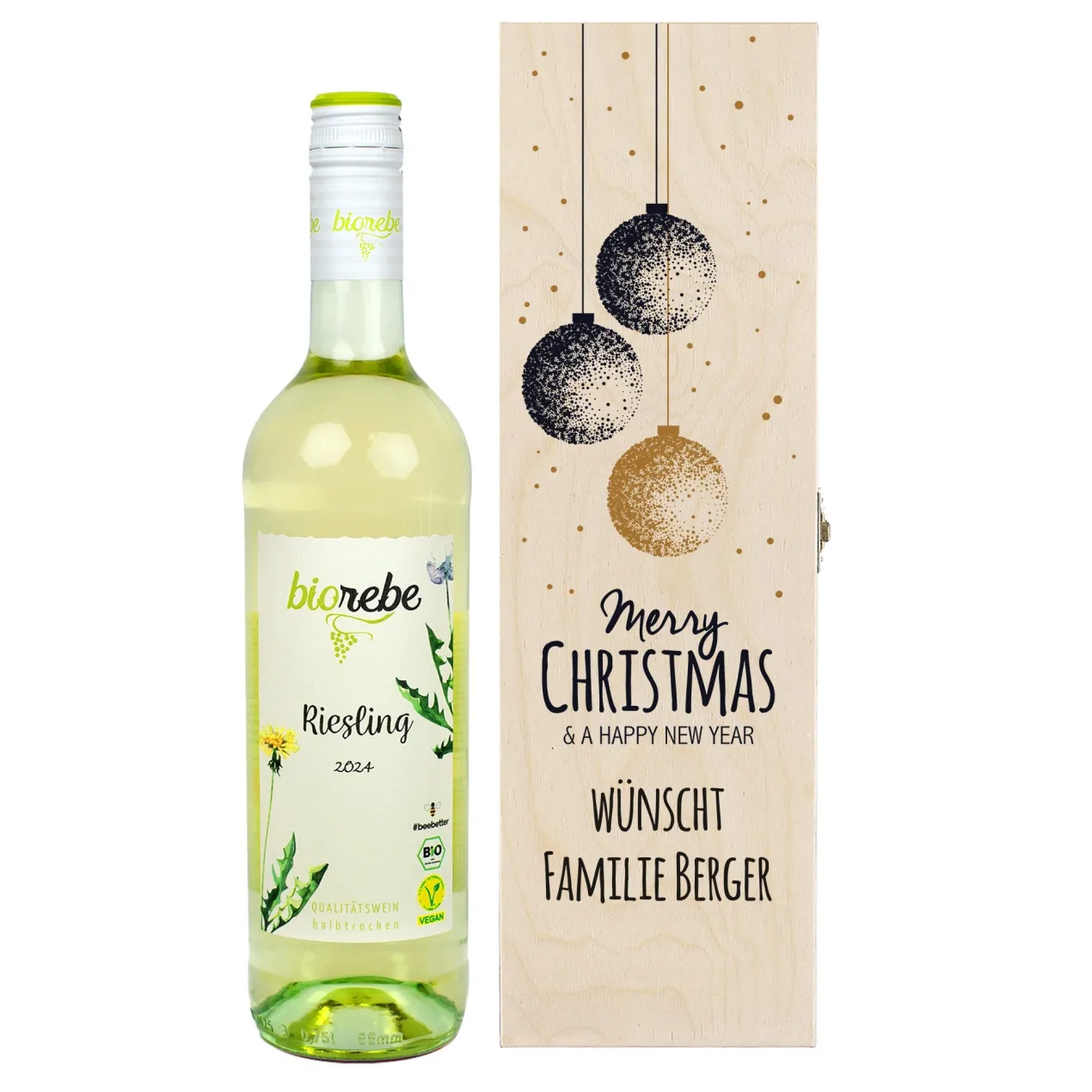 Biorebe Wein in bedruckter Holzbox zu Weihnachten | Bienenfreundlich, Nachhaltig, Vegan