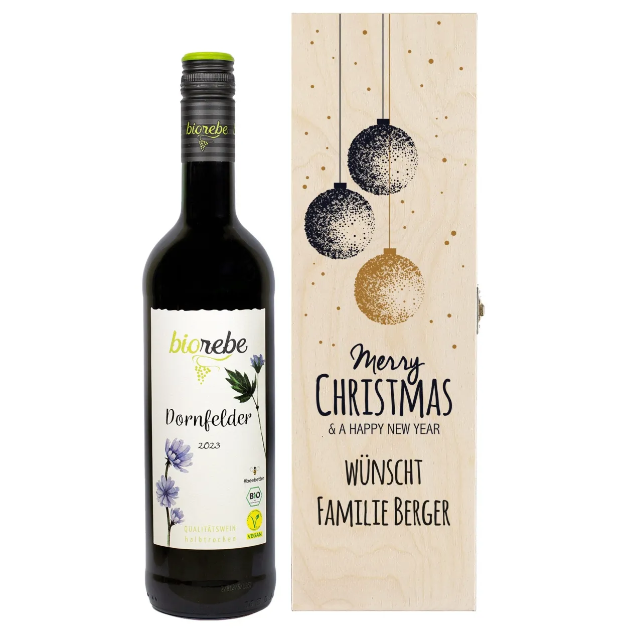 Biorebe Wein in bedruckter Holzbox zu Weihnachten | Bienenfreundlich, Nachhaltig, Vegan