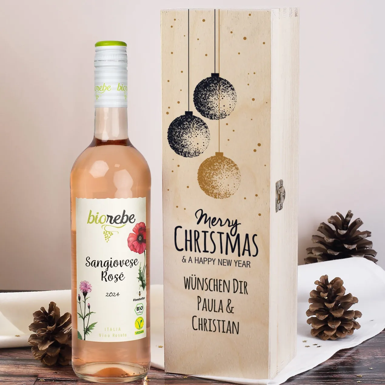 Biorebe Wein in bedruckter Holzbox zu Weihnachten | Bienenfreundlich, Nachhaltig, Vegan