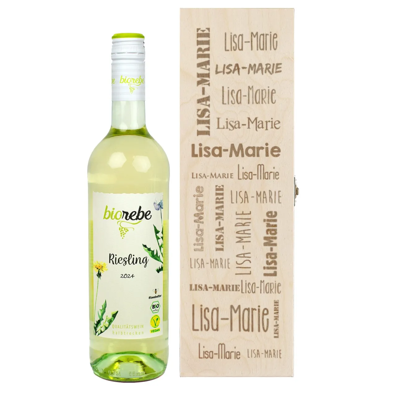 Biorebe Wein in gravierter Holzbox mit Ihrem Wunschnamen | Bienenfreundlich, Nachhaltig, Vegan