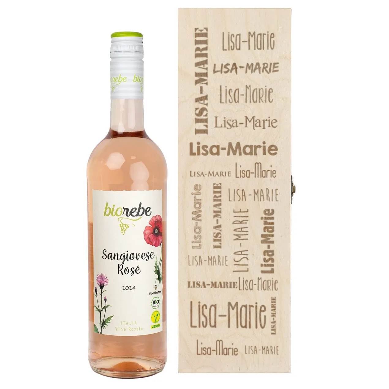 Biorebe Wein in gravierter Holzbox mit Ihrem Wunschnamen | Bienenfreundlich, Nachhaltig, Vegan