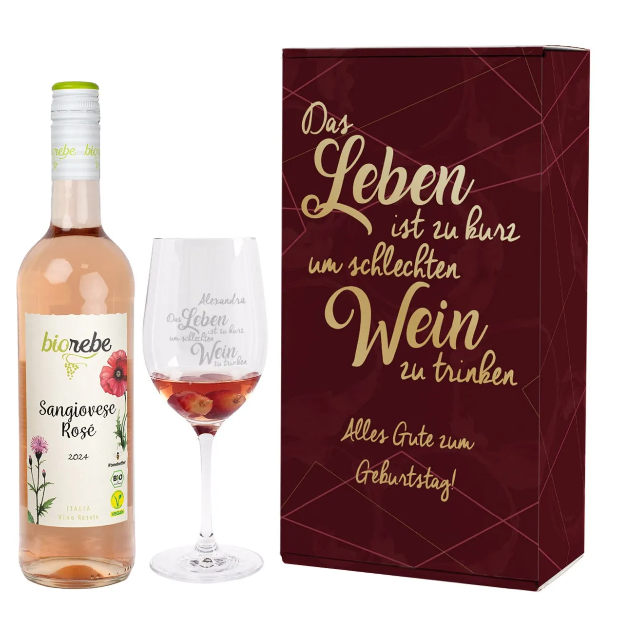 Biorebe Wein und Weinglas in personalisierter Geschenkverpackung