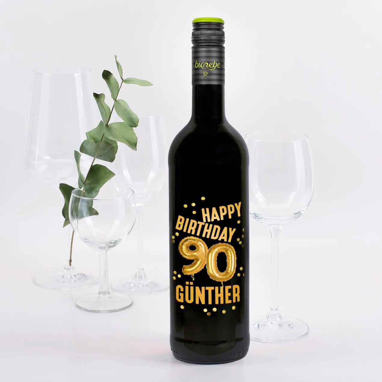 Biorebe Wein zum 90. Geburtstag personalisiert mit Name | Luftballon & Konfetti Design