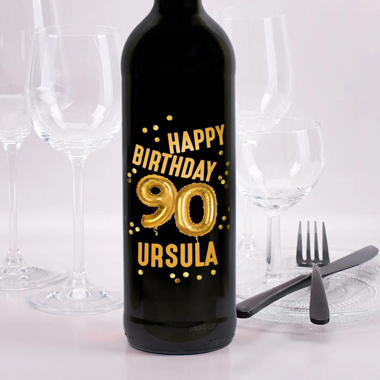 Biorebe Wein zum 90. Geburtstag personalisiert mit Name | Luftballon & Konfetti Design