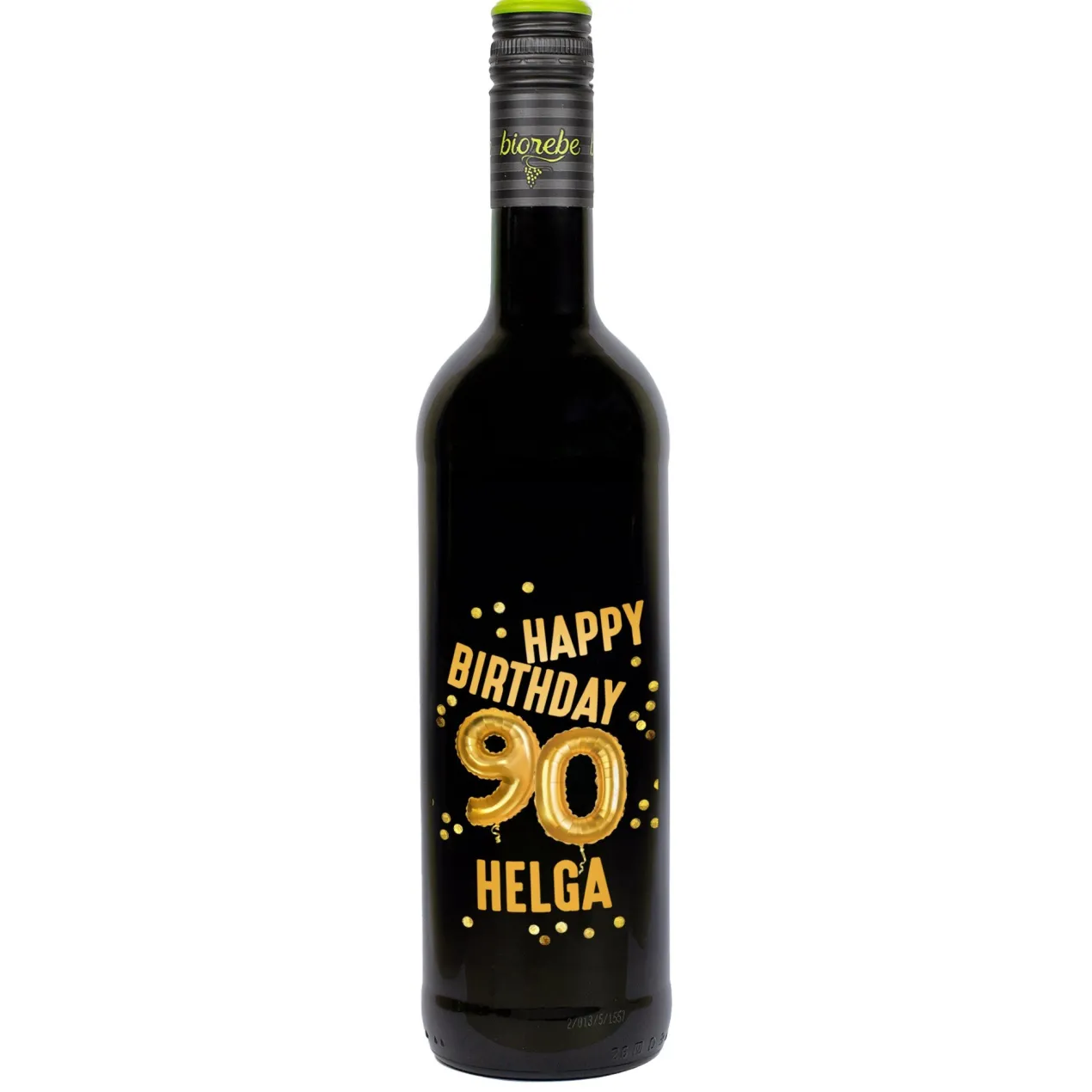Biorebe Wein zum 90. Geburtstag personalisiert mit Name | Luftballon & Konfetti Design