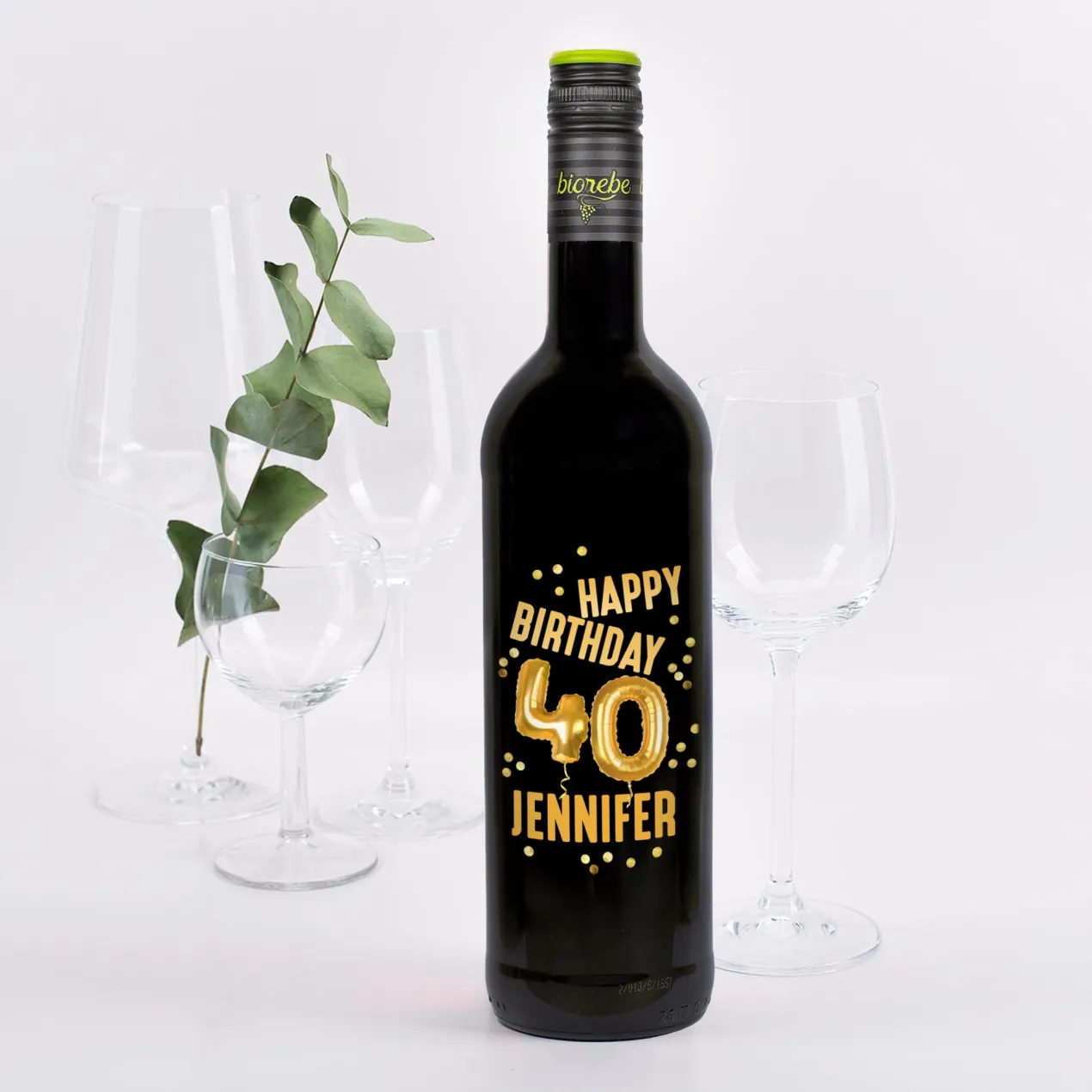 Biorebe Wein zum 40. Geburtstag personalisiert mit Name | Luftballon & Konfetti Design