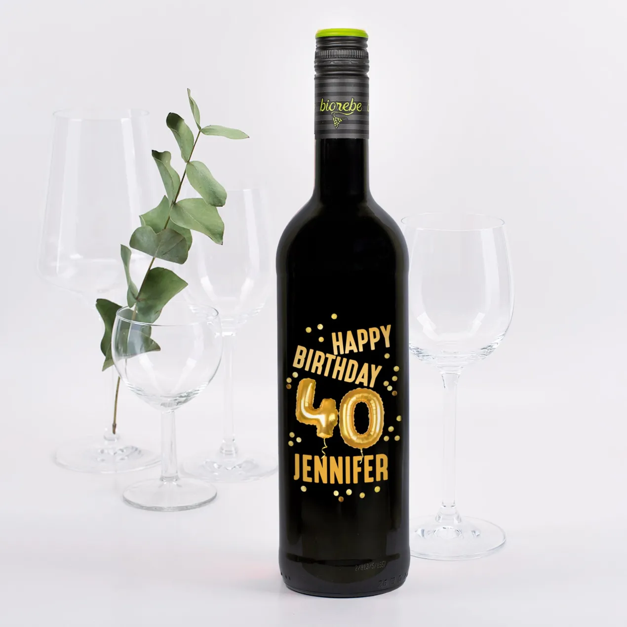Biorebe Wein zum 40. Geburtstag personalisiert mit Name | Luftballon & Konfetti Design