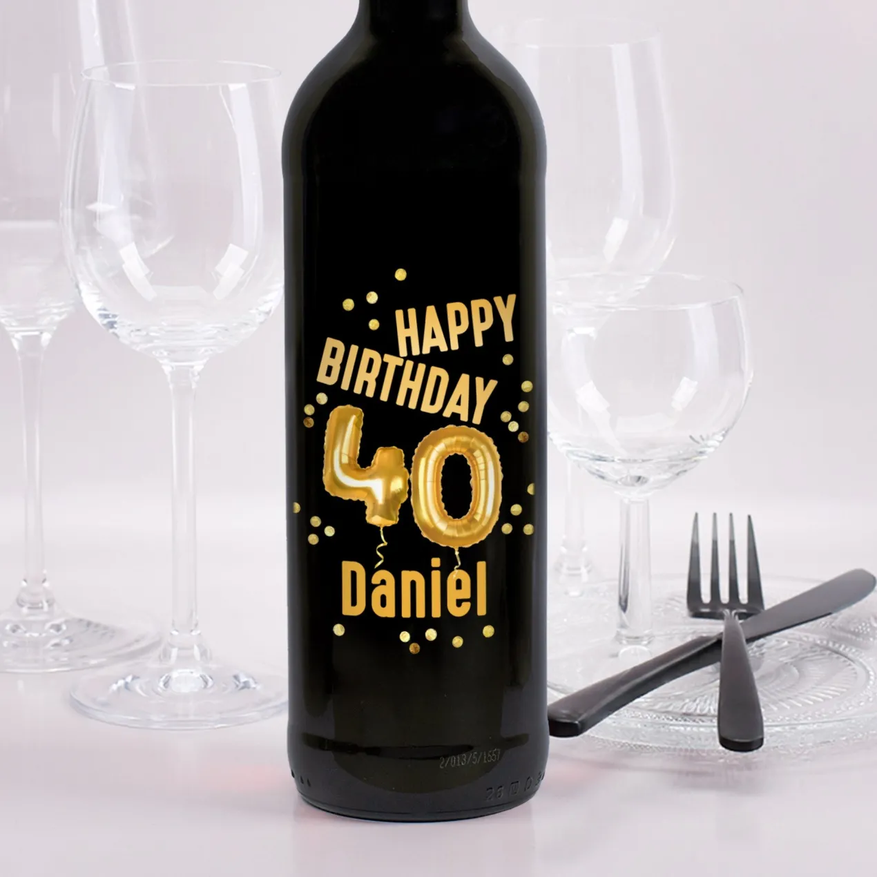 Biorebe Wein zum 40. Geburtstag personalisiert mit Name | Luftballon & Konfetti Design