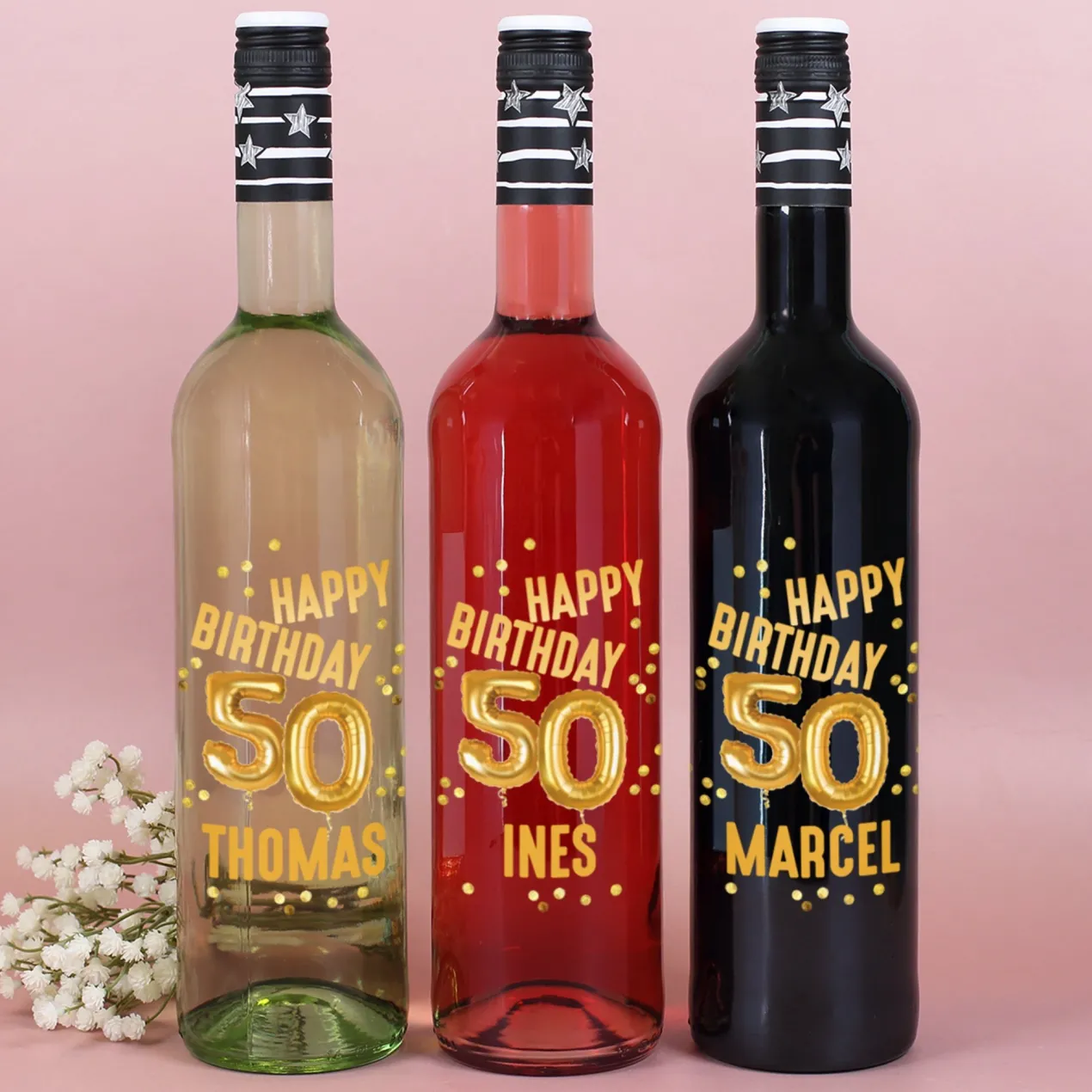 Biorebe Wein zum 50. Geburtstag personalisiert mit Name | Luftballon & Konfetti Design