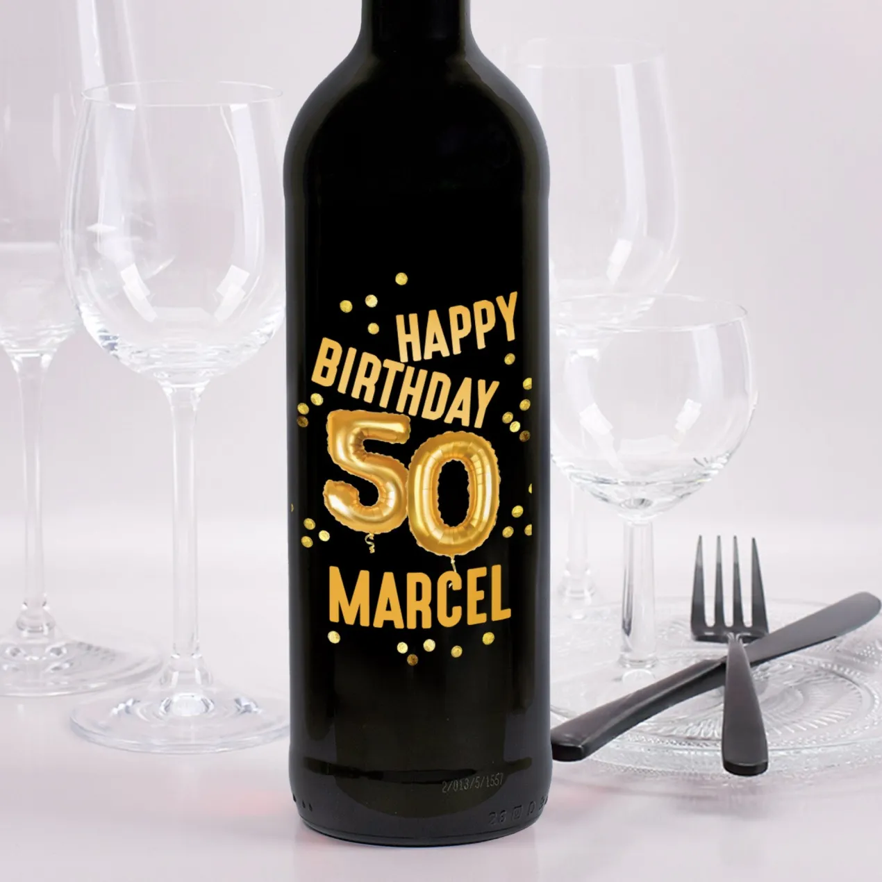 Biorebe Wein zum 50. Geburtstag personalisiert mit Name | Luftballon & Konfetti Design
