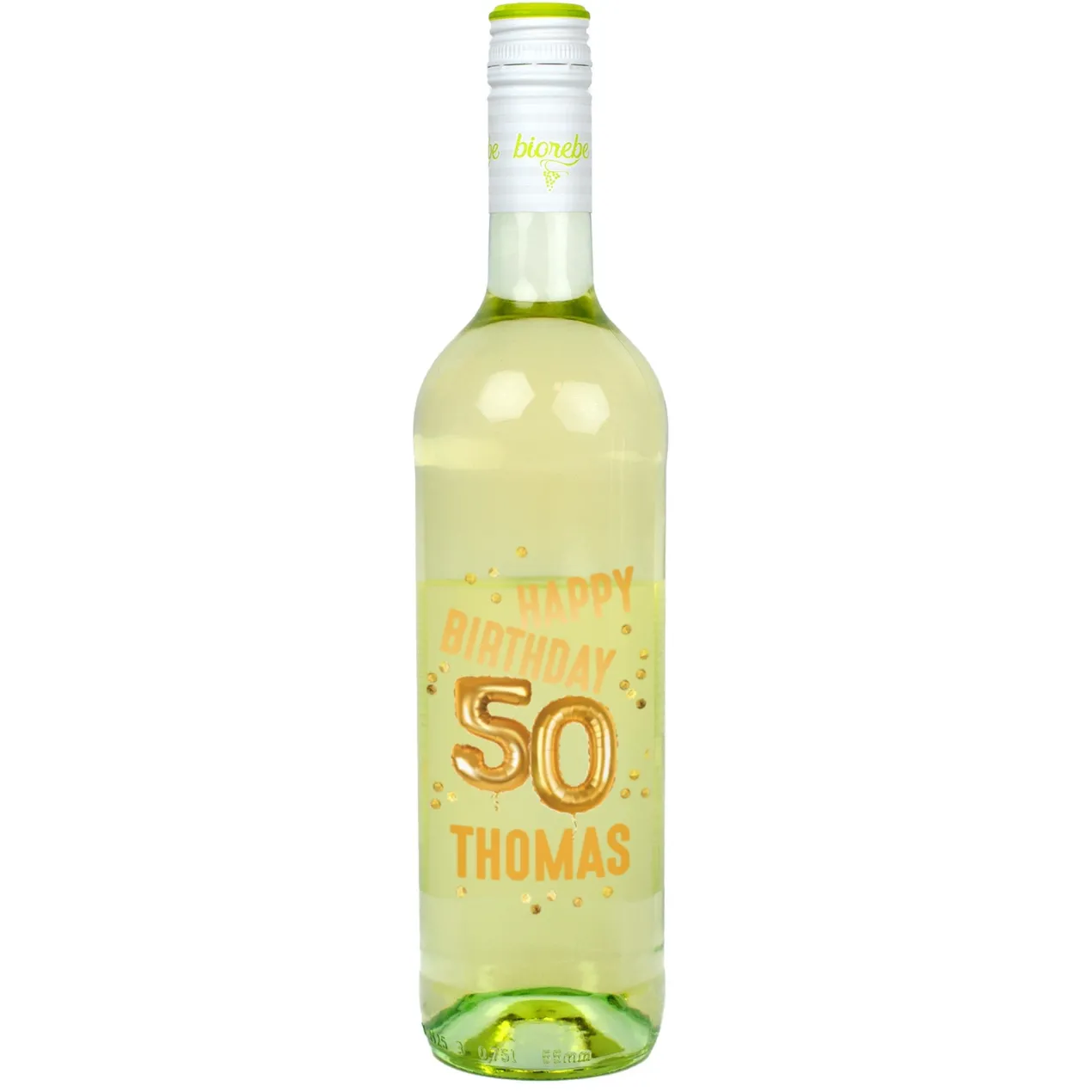 Biorebe Wein zum 50. Geburtstag personalisiert mit Name | Luftballon & Konfetti Design