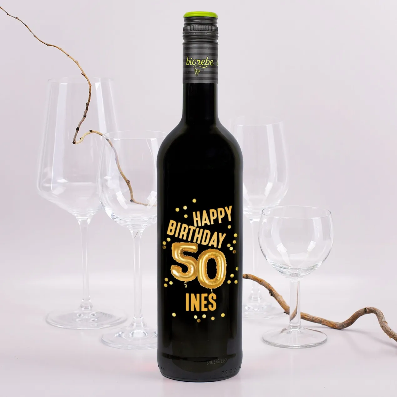 Biorebe Wein zum 50. Geburtstag personalisiert mit Name | Luftballon & Konfetti Design