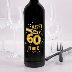 Biorebe Wein zum 60. Geburtstag personalisiert mit Name | Luftballon & Konfetti Design