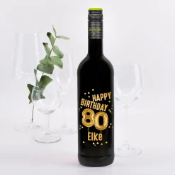 Biorebe Wein zum 80. Geburtstag personalisiert mit Name | Luftballon & Konfetti Design