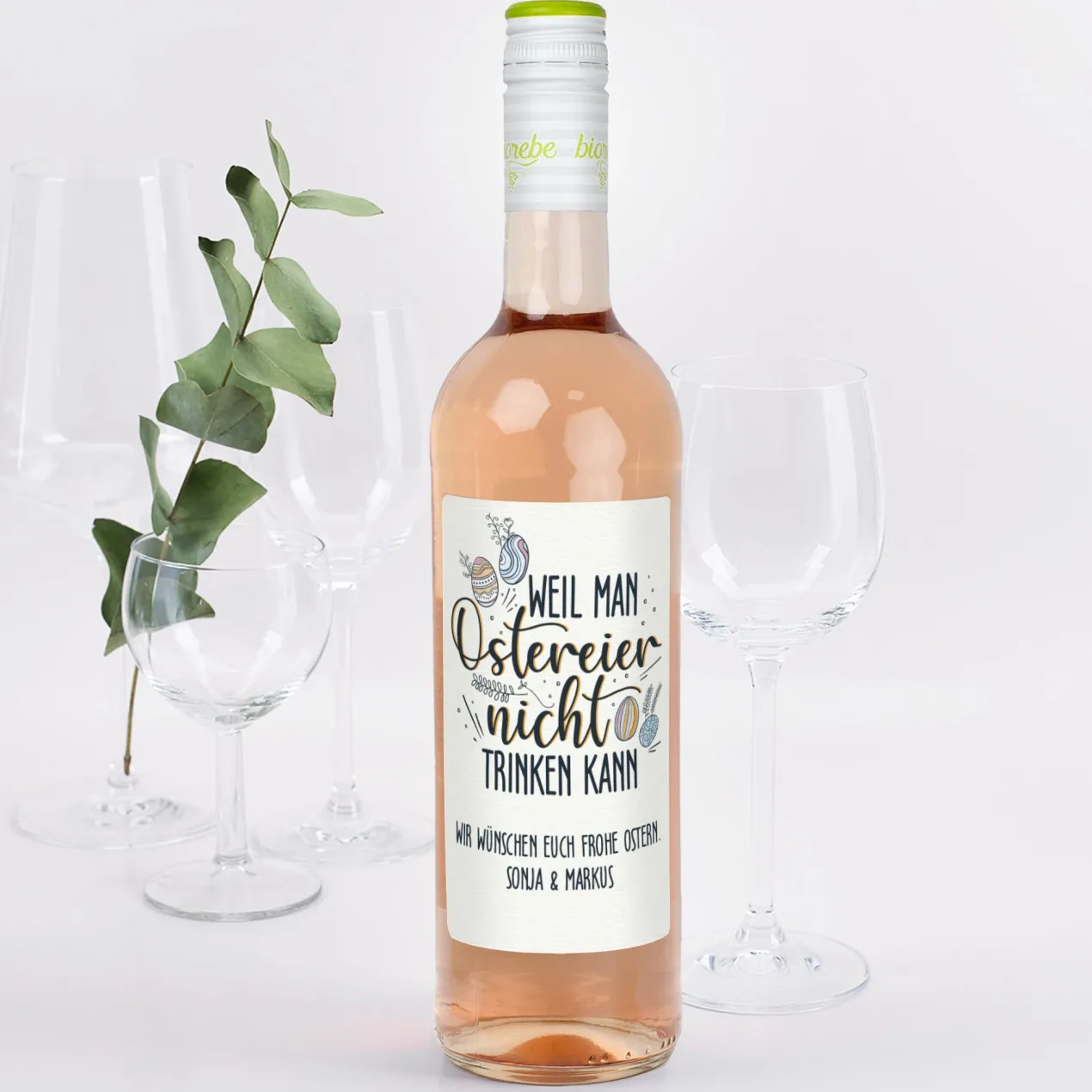 Biorebe Wein zu Ostern mit Wunschtext | „Weil man Ostereier nicht trinken kann“