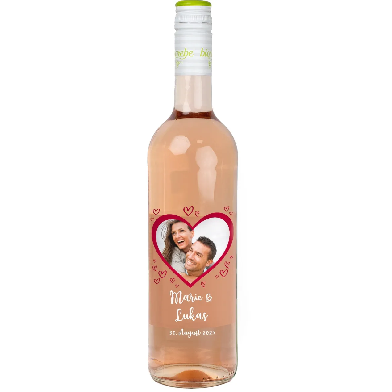 Biorebe Wein zur Hochzeit personalisiert mit Foto, Namen und Datum | Herzmotiv
