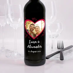 Biorebe Wein zur Hochzeit personalisiert mit Foto, Namen und Datum | Herzmotiv