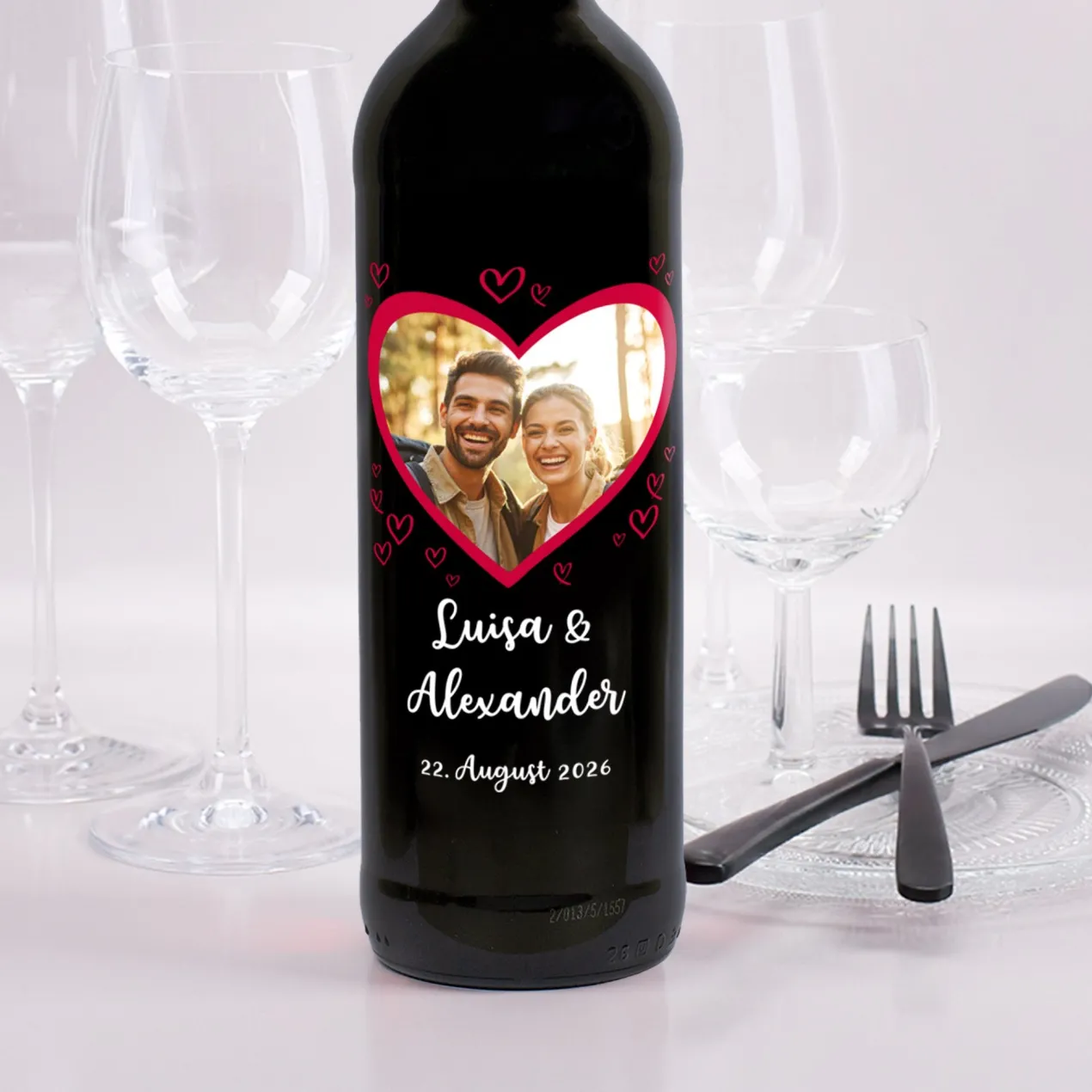 Biorebe Wein zur Hochzeit personalisiert mit Foto, Namen und Datum | Herzmotiv