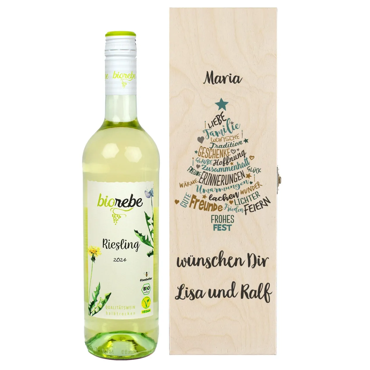 Biorebe Wein zu Weihnachten in bedruckter Holzbox | Bienenfreundlich, Nachhaltig, Vegan