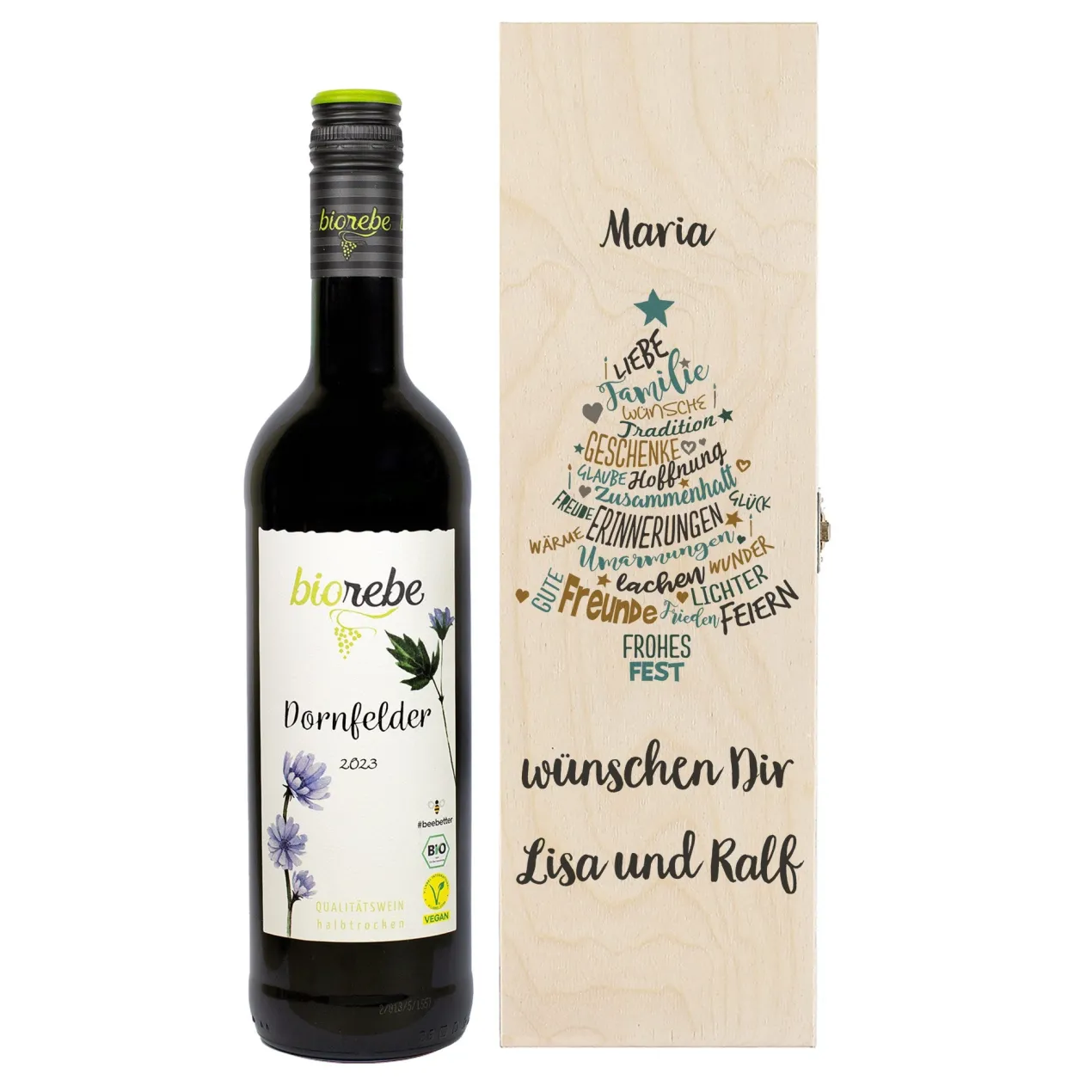 Biorebe Wein zu Weihnachten in bedruckter Holzbox | Bienenfreundlich, Nachhaltig, Vegan