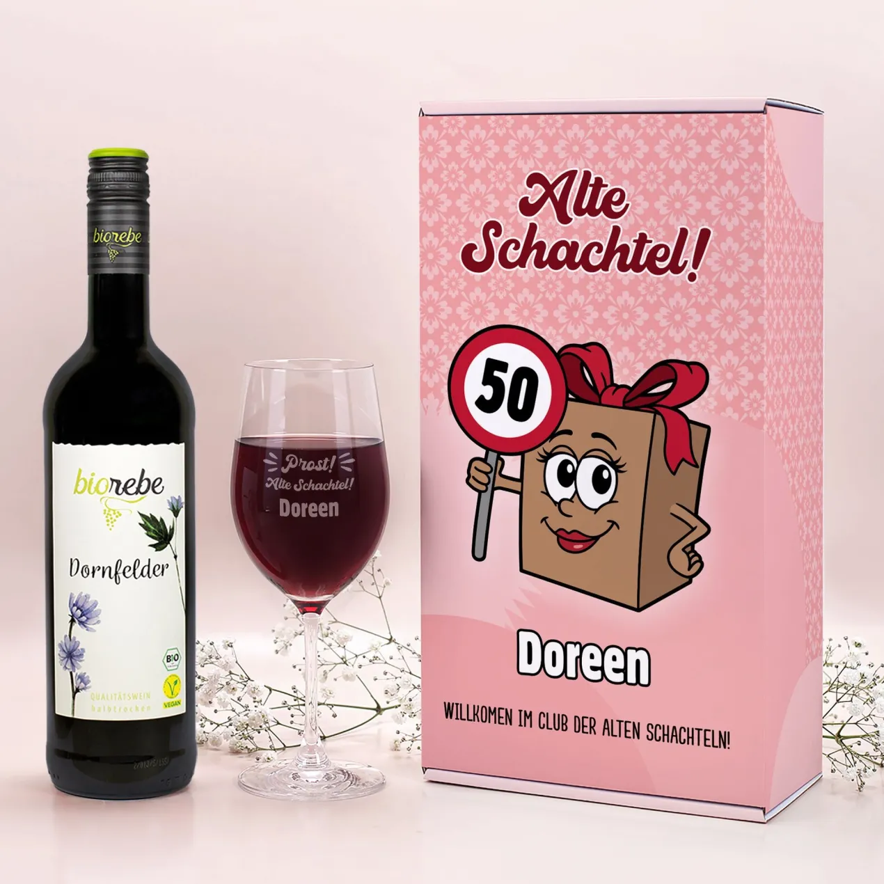 Bio Wein Geschenk Set zum Geburtstag personalisiert für alte Schachteln mit Weinglas & Geschenkbox