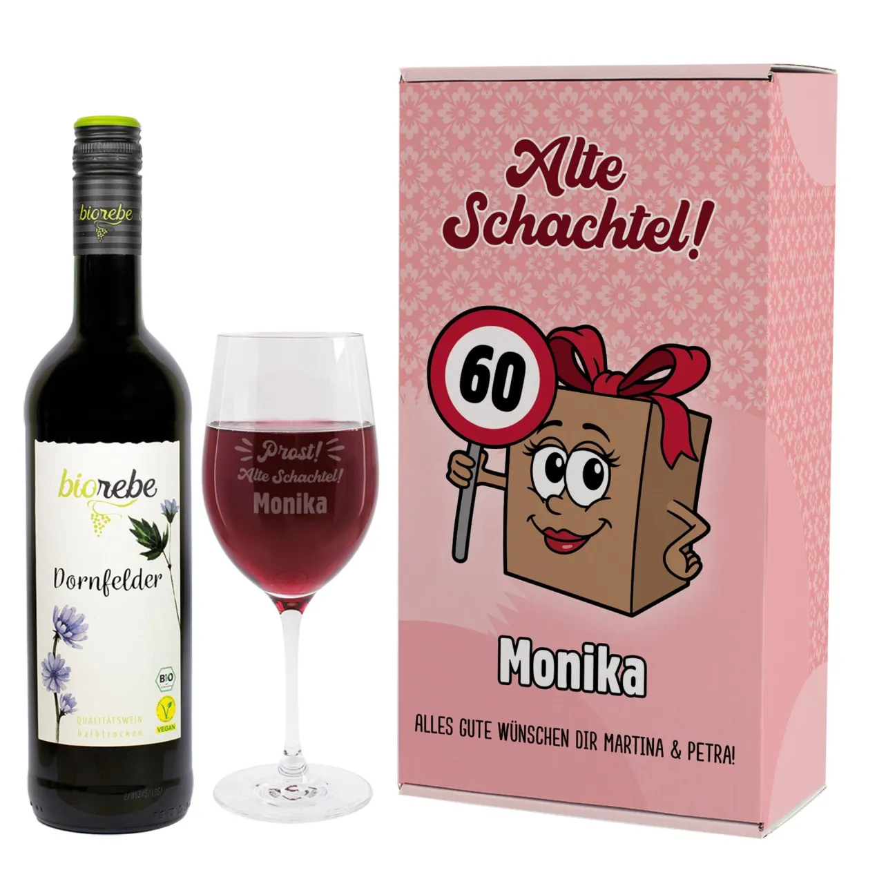 Bio Wein Geschenk Set zum Geburtstag personalisiert für alte Schachteln mit Weinglas & Geschenkbox