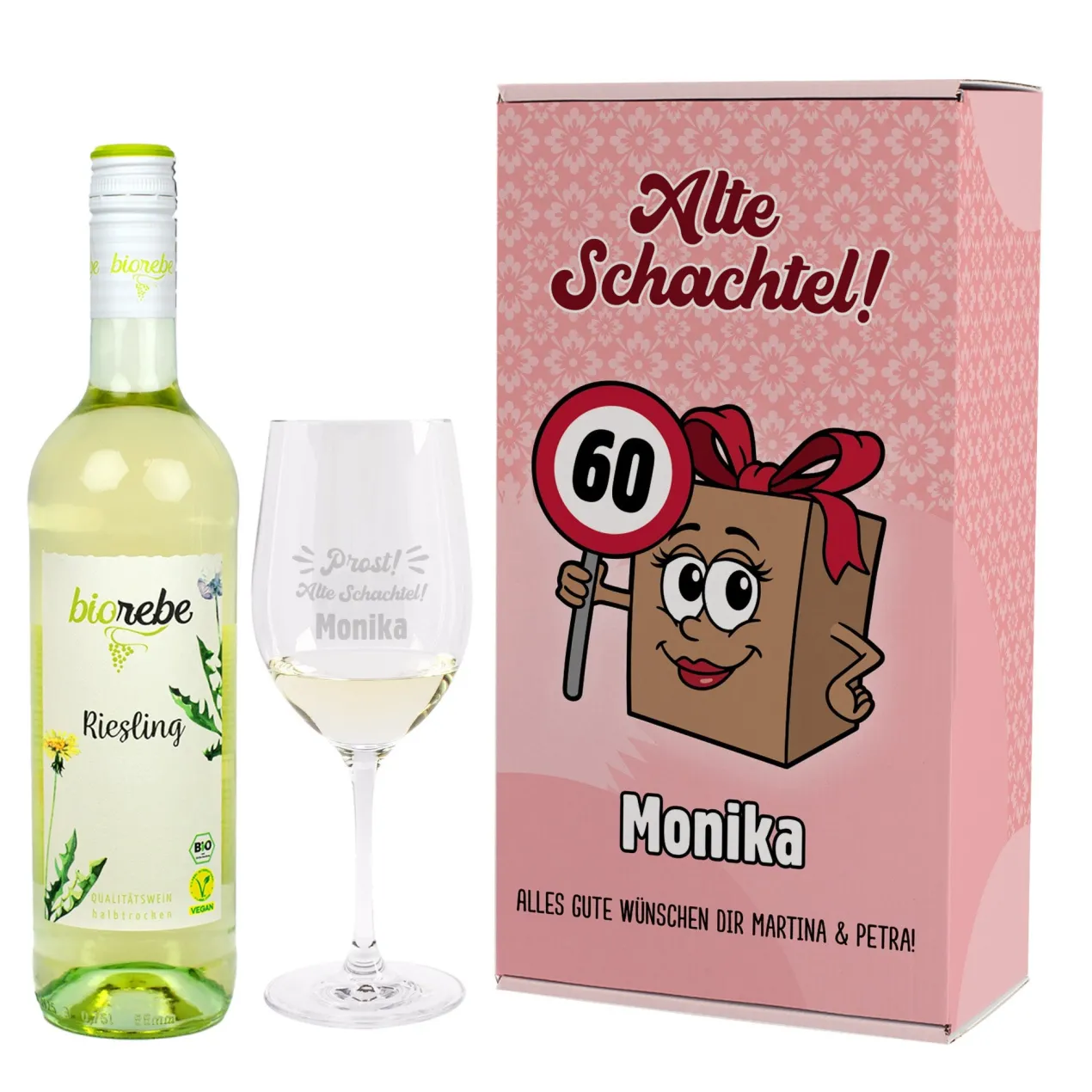 Bio Wein Geschenk Set zum Geburtstag personalisiert für alte Schachteln mit Weinglas & Geschenkbox