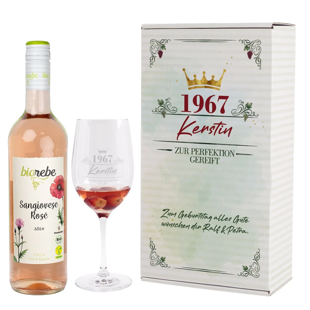 Bio Wein Geschenkset zum Geburtstag mit Weinglas & Geschenkbox personalisiert | 3 Sorten Biorebe