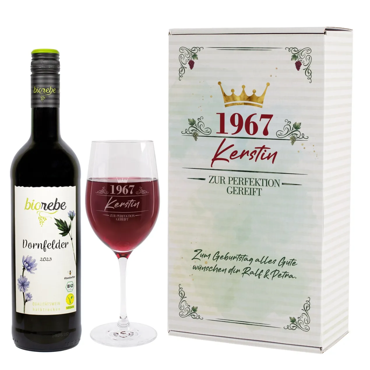 Bio Wein Geschenkset zum Geburtstag mit Weinglas & Geschenkbox personalisiert | 3 Sorten Biorebe