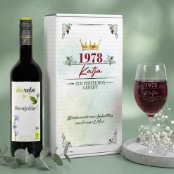 Bio Wein Geschenkset zum Geburtstag mit Weinglas & Geschenkbox personalisiert | 3 Sorten Biorebe