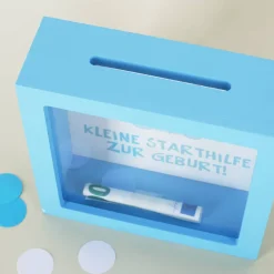 blaue Bilderrahmenspardose zur Geburt