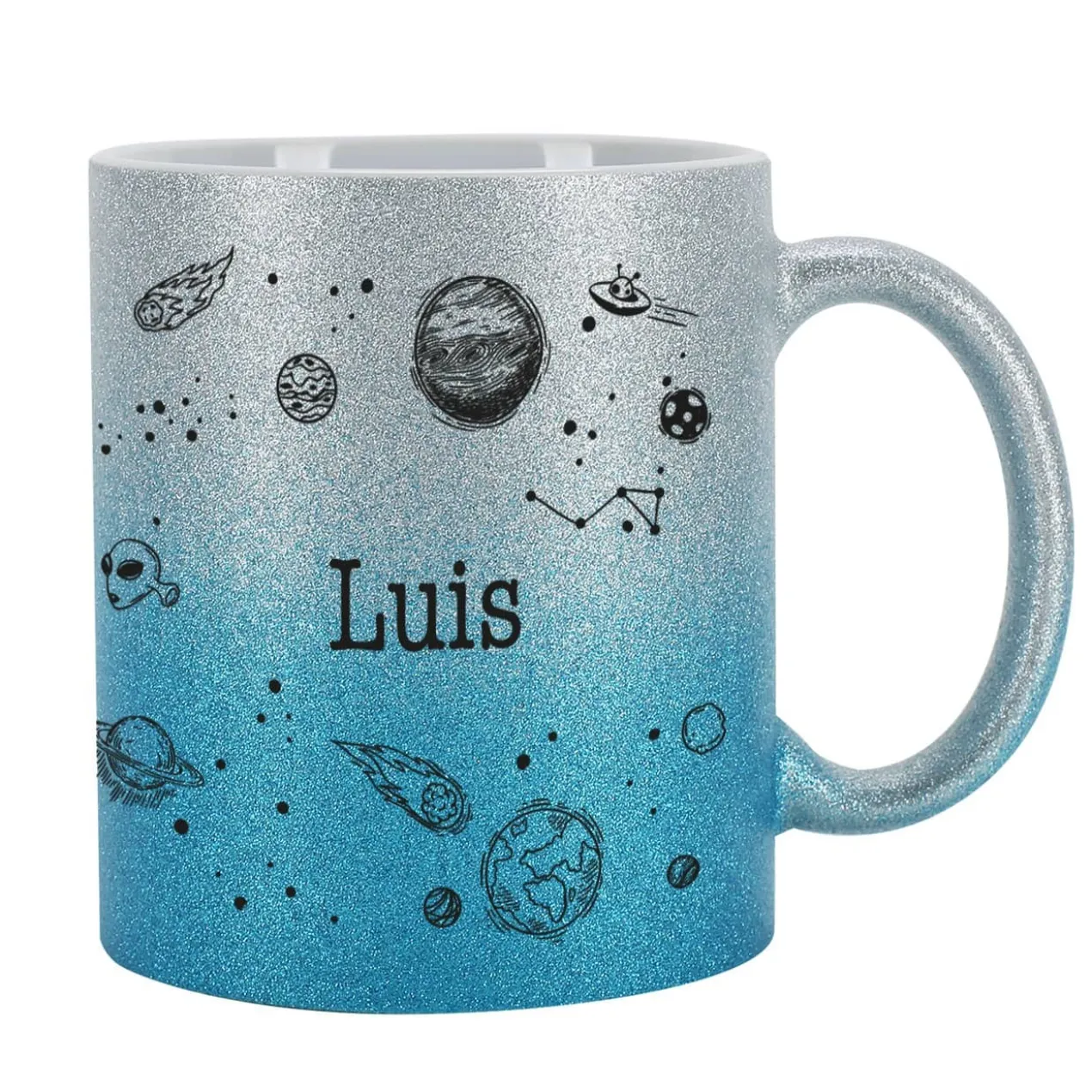 blaue Glitzertasse mit coolem Weltallmotiv