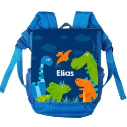 blauer Kinderrucksack mit Dinosauriern und Ihrem Namen
