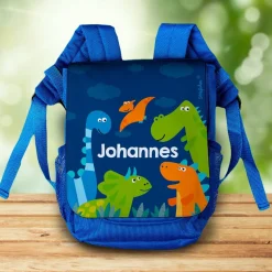 blauer Kinderrucksack mit Dinosauriern und Ihrem Namen