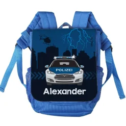 Blauer Kinderrucksack mit Polizeiauto und Name | Personalisierter Polizei Kindergartenrucksack
