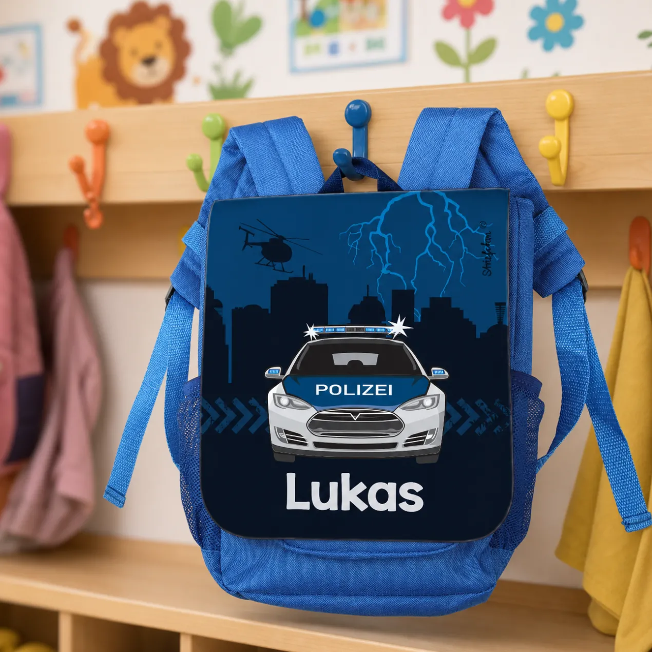 Blauer Kinderrucksack mit Polizeiauto und Name | Personalisierter Polizei Kindergartenrucksack