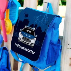 Blauer Kinderrucksack mit Polizeiauto und Name | Personalisierter Polizei Kindergartenrucksack