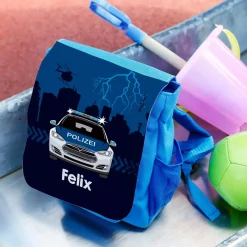 Blauer Kinderrucksack mit Polizeiauto und Name | Personalisierter Polizei Kindergartenrucksack