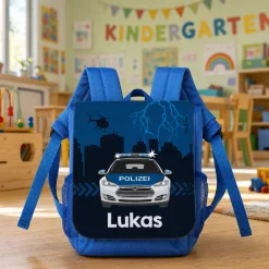 Blauer Kinderrucksack mit Polizeiauto und Name | Personalisierter Polizei Kindergartenrucksack