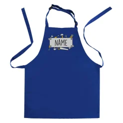Blaue Werkenschürze für Kinder mit Handwerkermotiv und Namensaufdruck