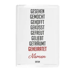 Blechpostkarte mit kurzer Lovestory, Namen und Datum