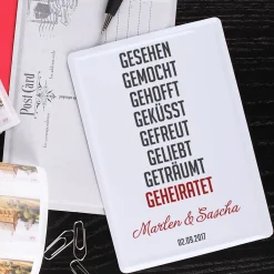 Blechpostkarte mit kurzer Lovestory, Namen und Datum