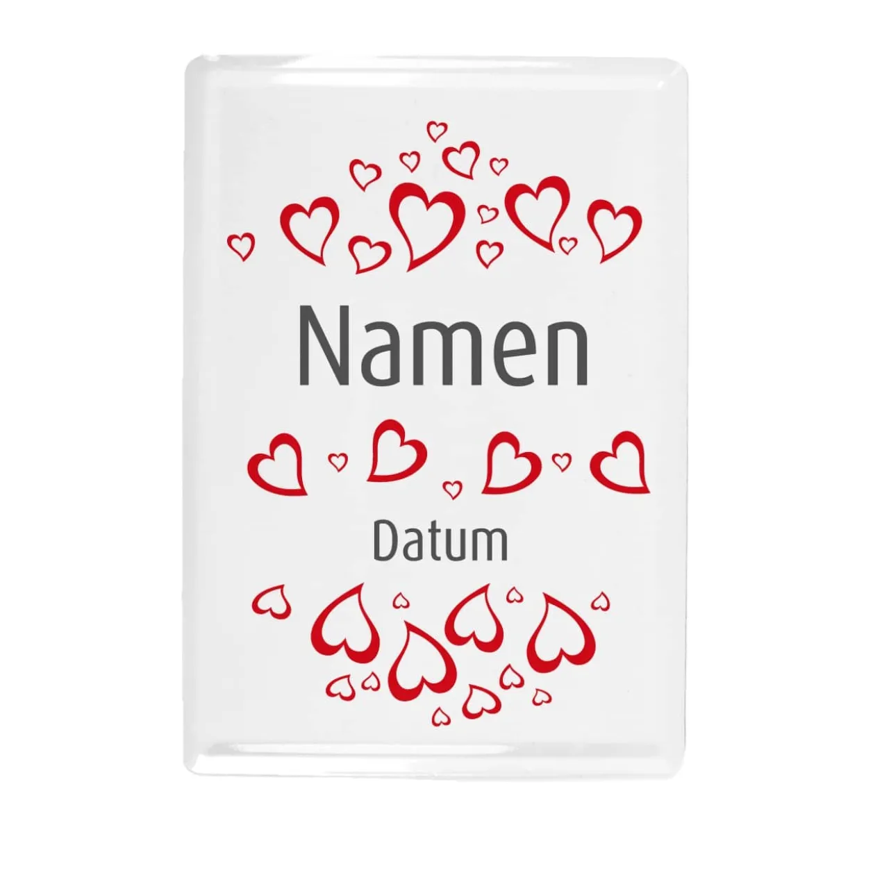Blechpostkarte mit Namen, Datum und Herzchen