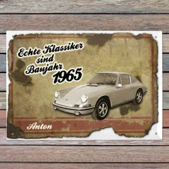Blechschild mit Autoklassiker personalisiert mit Name und Jahr