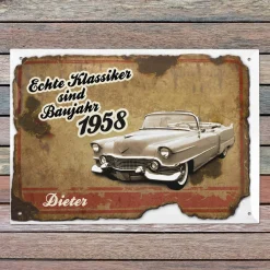 Blechschild mit Autoklassiker personalisiert mit Name und Jahr