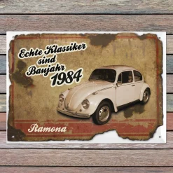 Blechschild mit Autoklassiker personalisiert mit Name und Jahr