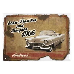 Blechschild mit Autoklassiker personalisiert mit Name und Jahr
